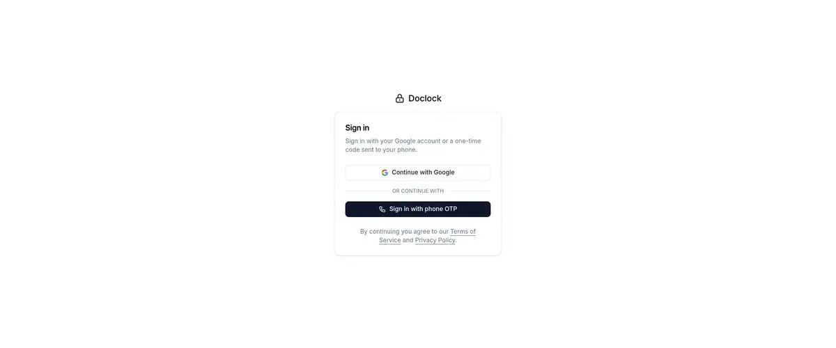 Doclock sign-in page with Google OAuth and phone OTP options