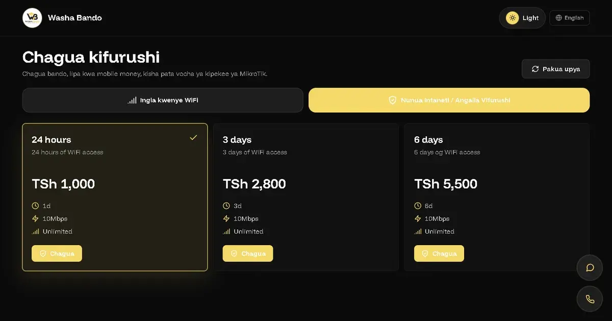 Nihotspot WiFi internet landing page with mobile money billing in Tanzania